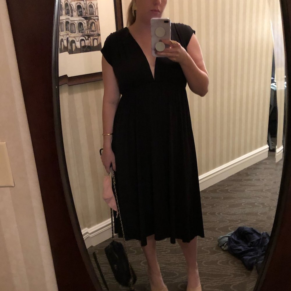 ASOS Deep V-Neck Black Midi Dress Elastic Waist Short Dolman Sleeves Versatile L - Picture 8 of 8